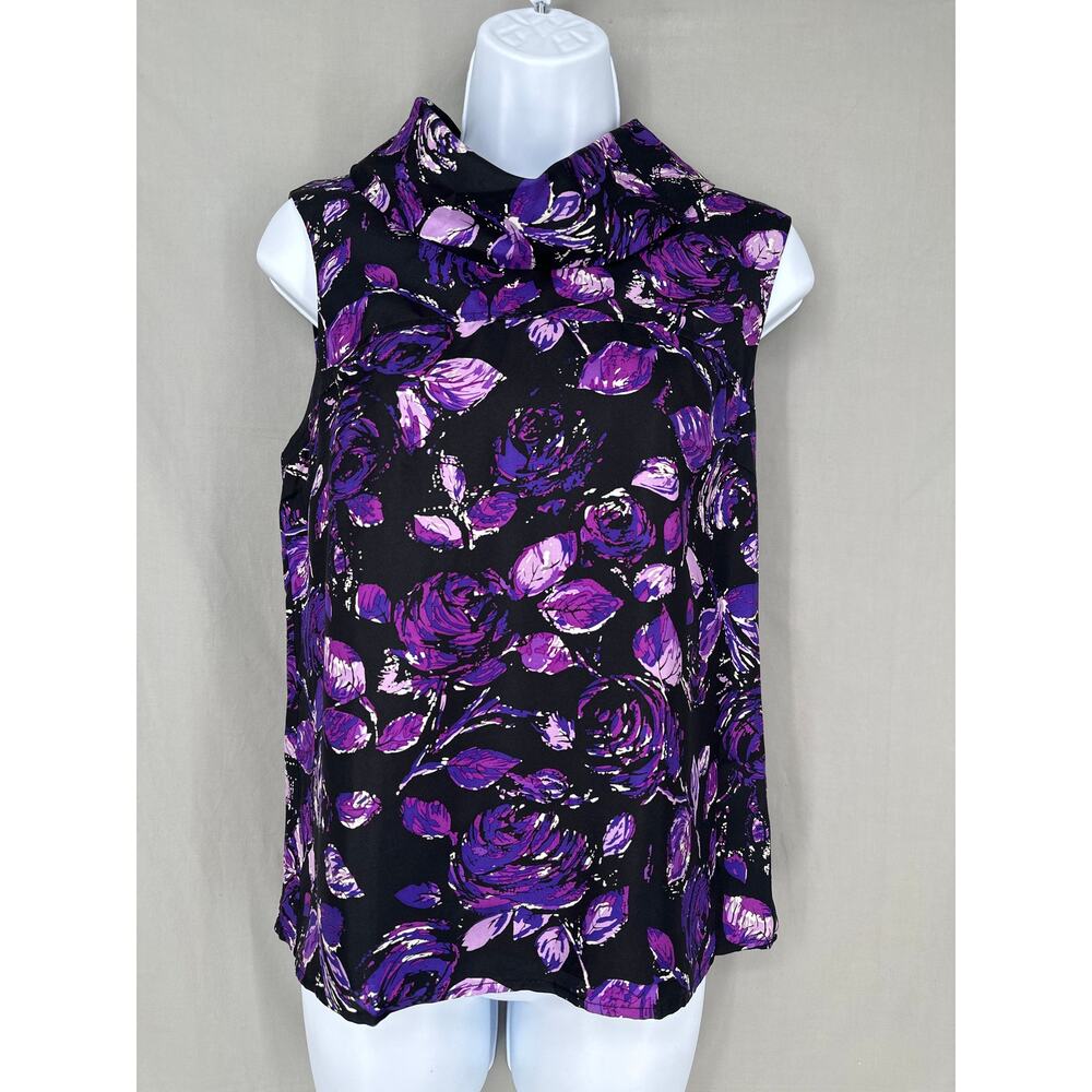 Tibi Black Floral Sleeveless Blouse with Purple Accents